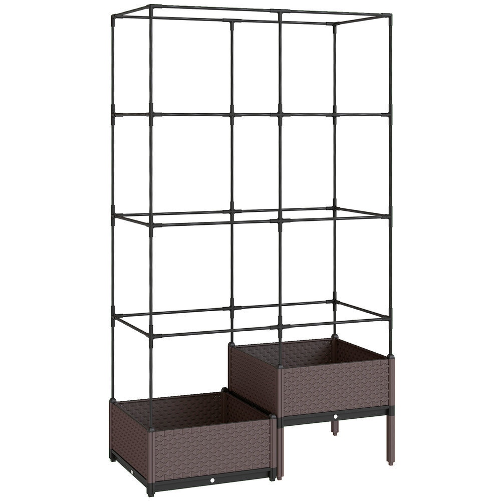 Outsunny jardinera con enrejado metálico, jardinera exterior grande para plantas trepadoras, 2 macetas de pp con orificios de drenaje, tapones, macetero elevado para jardín patio, 100x50x174 cm, negro