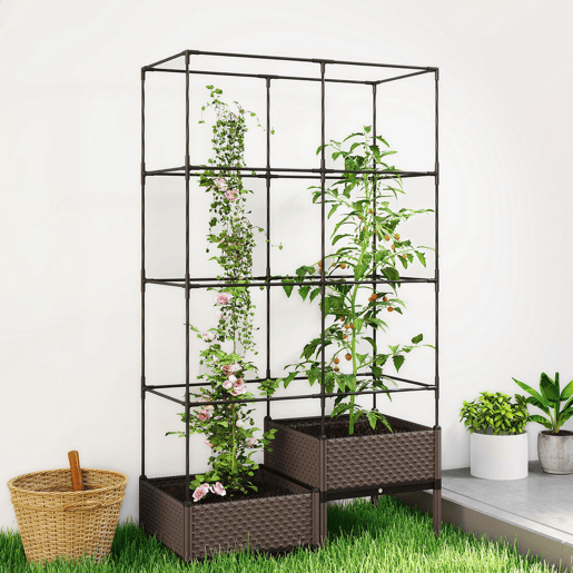 Outsunny Floreira com Grade Metálica Floreira Exterior Grande para Plantas Trepadeiras 2 Caixas de PP com Orifícios de Drenagem Tampões Vaso Elevado para Jardim ou Pátio 100x50x174 cm Preto