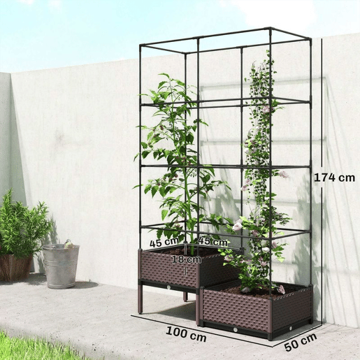 Outsunny Floreira com Grade Metálica Floreira Exterior Grande para Plantas Trepadeiras 2 Caixas de PP com Orifícios de Drenagem Tampões Vaso Elevado para Jardim ou Pátio 100x50x174 cm Preto