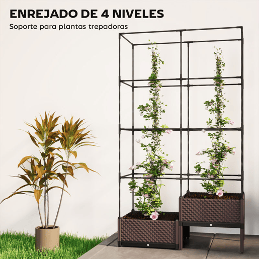 Outsunny Floreira com Grade Metálica Floreira Exterior Grande para Plantas Trepadeiras 2 Caixas de PP com Orifícios de Drenagem Tampões Vaso Elevado para Jardim ou Pátio 100x50x174 cm Preto
