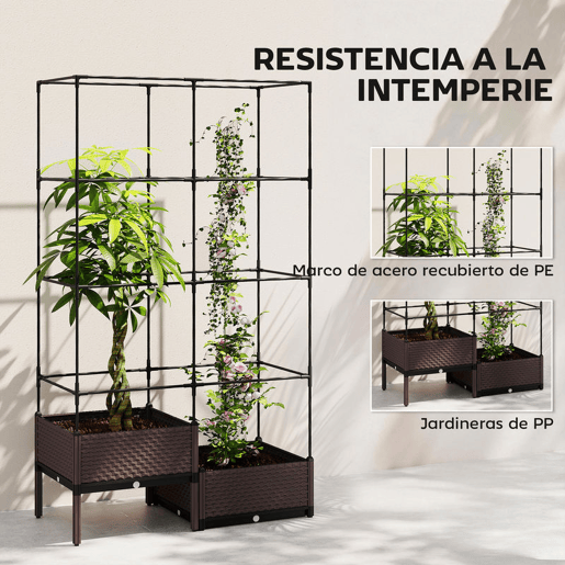 Outsunny Floreira com Grade Metálica Floreira Exterior Grande para Plantas Trepadeiras 2 Caixas de PP com Orifícios de Drenagem Tampões Vaso Elevado para Jardim ou Pátio 100x50x174 cm Preto