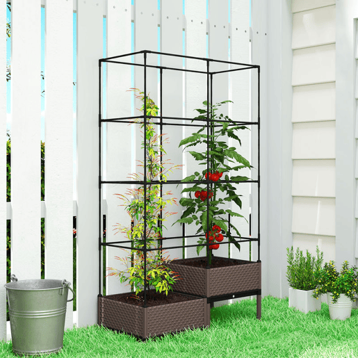 Outsunny Floreira com Grade Metálica Floreira Exterior Grande para Plantas Trepadeiras 2 Caixas de PP com Orifícios de Drenagem Tampões Vaso Elevado para Jardim ou Pátio 100x50x174 cm Preto