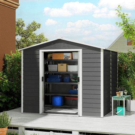 Outsunny Abrigo de Jardim Exterior 4,4 m² 240x206x198 cm Abrigo de Jardim com Porta de Correr e Fechadura Armário para Jardim Pátio Cinza Escuro