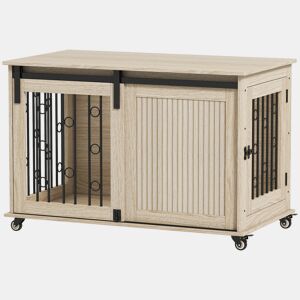 PawHut Móvel Gaiola para Cães com Rodas Mesa Auxiliar Casa para Animais Moderna com 2 Portas com Fecho para Cães Médios e Grandes 100x56x65 cm Carvalho