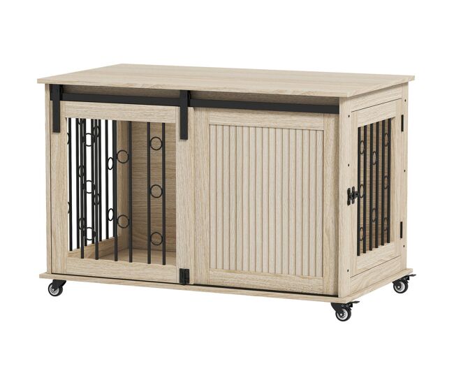Pawhut jaula para perros con ruedas, mesa auxiliar, casa para mascotas moderna con 2 puertas y cierre, para perros medianos y grandes, 100x56x65 cm, roble