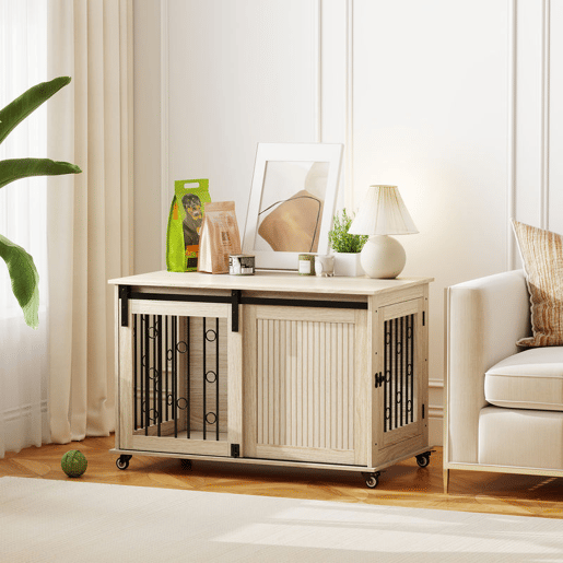 PawHut Móvel Gaiola para Cães com Rodas Mesa Auxiliar Casa para Animais Moderna com 2 Portas com Fecho para Cães Médios e Grandes 100x56x65 cm Carvalho