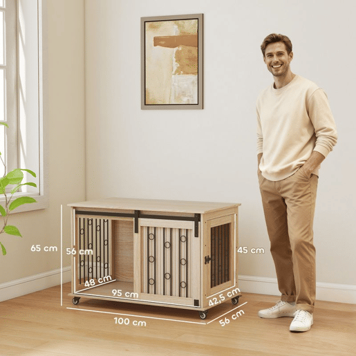 PawHut Móvel Gaiola para Cães com Rodas Mesa Auxiliar Casa para Animais Moderna com 2 Portas com Fecho para Cães Médios e Grandes 100x56x65 cm Carvalho