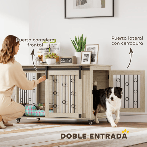 PawHut Móvel Gaiola para Cães com Rodas Mesa Auxiliar Casa para Animais Moderna com 2 Portas com Fecho para Cães Médios e Grandes 100x56x65 cm Carvalho