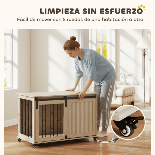 PawHut Móvel Gaiola para Cães com Rodas Mesa Auxiliar Casa para Animais Moderna com 2 Portas com Fecho para Cães Médios e Grandes 100x56x65 cm Carvalho