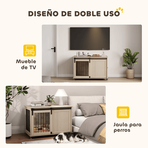 PawHut Móvel Gaiola para Cães com Rodas Mesa Auxiliar Casa para Animais Moderna com 2 Portas com Fecho para Cães Médios e Grandes 100x56x65 cm Carvalho