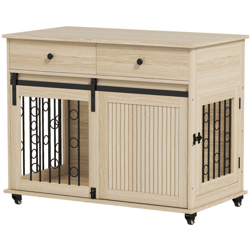 PawHut Gaiola para Cães com Rodas Mesa de Apoio Casa para Animais Moderna com 2 Gavetas 2 Portas e Fecho para Cães Médios e Grandes 100x56x81 cm Carvalho