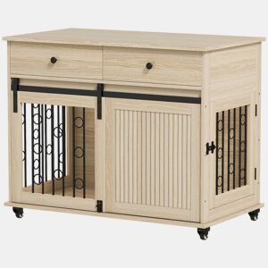 PawHut Gaiola para Cães com Rodas Mesa de Apoio Casa para Animais Moderna com 2 Gavetas 2 Portas e Fecho para Cães Médios e Grandes 100x56x81 cm Carvalho