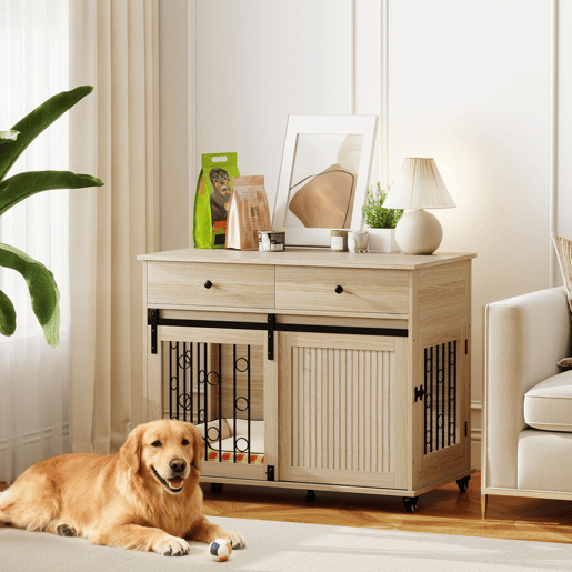 PawHut Gaiola para Cães com Rodas Mesa de Apoio Casa para Animais Moderna com 2 Gavetas 2 Portas e Fecho para Cães Médios e Grandes 100x56x81 cm Carvalho