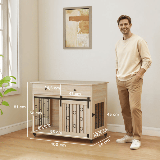 PawHut Gaiola para Cães com Rodas Mesa de Apoio Casa para Animais Moderna com 2 Gavetas 2 Portas e Fecho para Cães Médios e Grandes 100x56x81 cm Carvalho