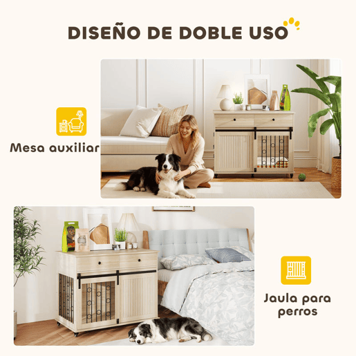 PawHut Gaiola para Cães com Rodas Mesa de Apoio Casa para Animais Moderna com 2 Gavetas 2 Portas e Fecho para Cães Médios e Grandes 100x56x81 cm Carvalho