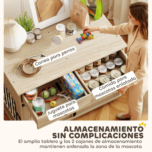 PawHut Gaiola para Cães com Rodas Mesa de Apoio Casa para Animais Moderna com 2 Gavetas 2 Portas e Fecho para Cães Médios e Grandes 100x56x81 cm Carvalho