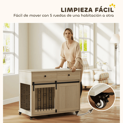 PawHut Gaiola para Cães com Rodas Mesa de Apoio Casa para Animais Moderna com 2 Gavetas 2 Portas e Fecho para Cães Médios e Grandes 100x56x81 cm Carvalho