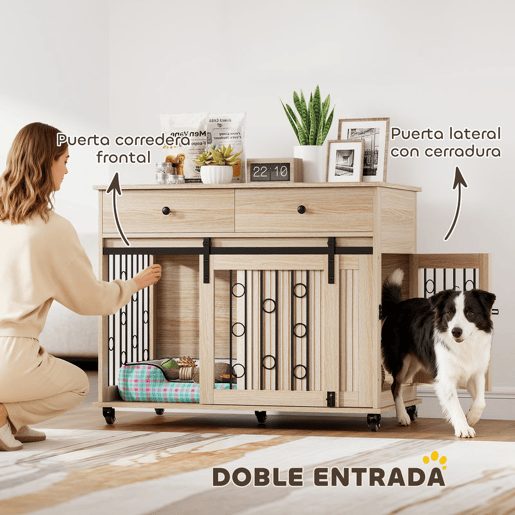 PawHut Gaiola para Cães com Rodas Mesa de Apoio Casa para Animais Moderna com 2 Gavetas 2 Portas e Fecho para Cães Médios e Grandes 100x56x81 cm Carvalho