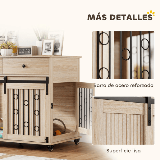 PawHut Gaiola para Cães com Rodas Mesa de Apoio Casa para Animais Moderna com 2 Gavetas 2 Portas e Fecho para Cães Médios e Grandes 100x56x81 cm Carvalho