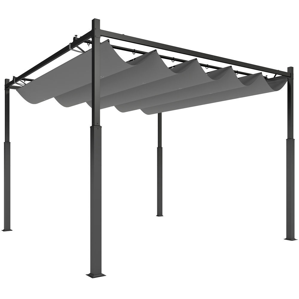 Outsunny pérgola de jardín 3x3 m con techo retráctil y accesorio magnético, cenador de jardín con protección uv30+, columnas metálicas y ganchos, pabellón para patio, terraza, exterior, gris