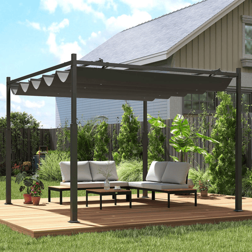 Outsunny Pérgola de Jardim 3x3 m com Teto Retrátil e Acessório Magnético, Pavilhão de Jardim com Proteção UV30+, Colunas Metálicas e Ganchos, Cobertura para Terraço, Exterior, Cinzento