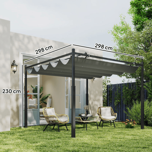 Outsunny Pérgola de Jardim 3x3 m com Teto Retrátil e Acessório Magnético, Pavilhão de Jardim com Proteção UV30+, Colunas Metálicas e Ganchos, Cobertura para Terraço, Exterior, Cinzento