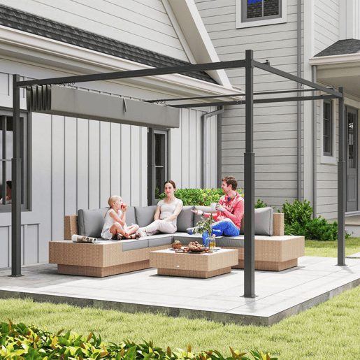 Outsunny Pérgola de Jardim 3x3 m com Teto Retrátil e Acessório Magnético, Pavilhão de Jardim com Proteção UV30+, Colunas Metálicas e Ganchos, Cobertura para Terraço, Exterior, Cinzento