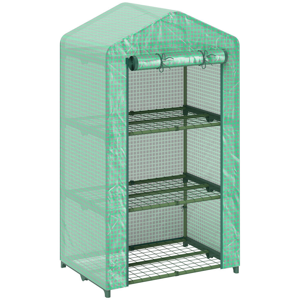 Outsunny invernadero de jardín de 3 niveles, invernadero de exterior con 3 estantes, puerta enrollable, marco de metal, cubierta de pe, anti-uv, impermeable, para terraza, patio, 69x49x125 cm, verde