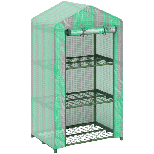 Outsunny Estufa de Jardim de 3 Níveis Estufa de Exterior com 3 Prateleiras Porta Enrolável Estrutura Metálica Cobertura de PE Anti-UV Impermeável para Varanda e Terraço 69x49x125 cm Verde