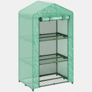 Outsunny Estufa de Jardim de 3 Níveis Estufa de Exterior com 3 Prateleiras Porta Enrolável Estrutura Metálica Cobertura de PE Anti-UV Impermeável para Varanda e Terraço 69x49x125 cm Verde
