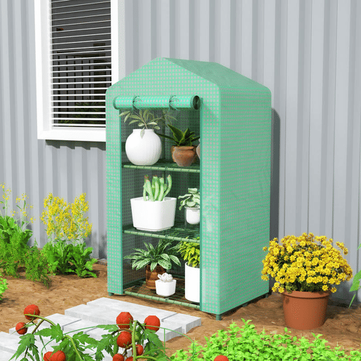 Outsunny Estufa de Jardim de 3 Níveis Estufa de Exterior com 3 Prateleiras Porta Enrolável Estrutura Metálica Cobertura de PE Anti-UV Impermeável para Varanda e Terraço 69x49x125 cm Verde