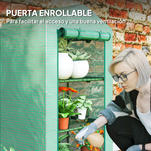Outsunny Estufa de Jardim de 3 Níveis Estufa de Exterior com 3 Prateleiras Porta Enrolável Estrutura Metálica Cobertura de PE Anti-UV Impermeável para Varanda e Terraço 69x49x125 cm Verde