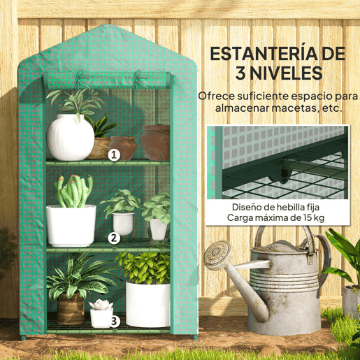 Outsunny Estufa de Jardim de 3 Níveis Estufa de Exterior com 3 Prateleiras Porta Enrolável Estrutura Metálica Cobertura de PE Anti-UV Impermeável para Varanda e Terraço 69x49x125 cm Verde