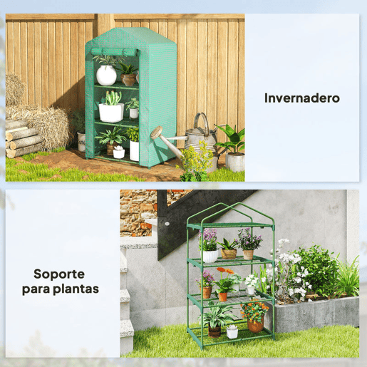 Outsunny Estufa de Jardim de 3 Níveis Estufa de Exterior com 3 Prateleiras Porta Enrolável Estrutura Metálica Cobertura de PE Anti-UV Impermeável para Varanda e Terraço 69x49x125 cm Verde