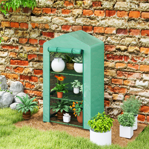 Outsunny Estufa de Jardim de 3 Níveis Estufa de Exterior com 3 Prateleiras Porta Enrolável Estrutura Metálica Cobertura de PE Anti-UV Impermeável para Varanda e Terraço 69x49x125 cm Verde