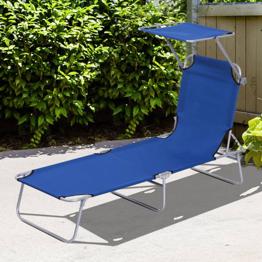 Outsunny Espreguiçadeira Dobrável de Jardim Reclinável com Toldo Removível e Ângulo Ajustável Encosto Regulável em 4 Níveis para Terraço Piscina Pátio 187x58x36 cm Azul