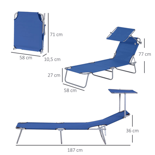 Outsunny Espreguiçadeira Dobrável de Jardim Reclinável com Toldo Removível e Ângulo Ajustável Encosto Regulável em 4 Níveis para Terraço Piscina Pátio 187x58x36 cm Azul