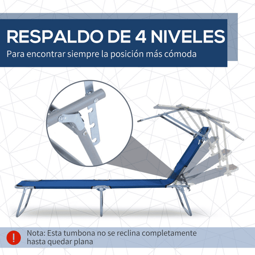 Outsunny Espreguiçadeira Dobrável de Jardim Reclinável com Toldo Removível e Ângulo Ajustável Encosto Regulável em 4 Níveis para Terraço Piscina Pátio 187x58x36 cm Azul