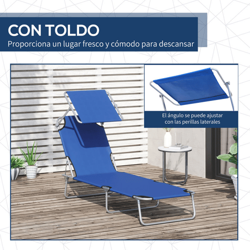 Outsunny Espreguiçadeira Dobrável de Jardim Reclinável com Toldo Removível e Ângulo Ajustável Encosto Regulável em 4 Níveis para Terraço Piscina Pátio 187x58x36 cm Azul