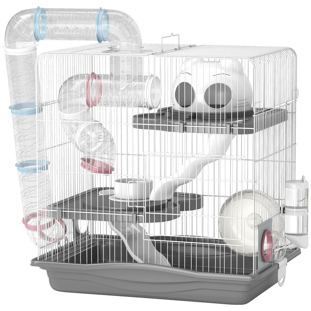 Pawhut jaula para hámster, 45x30x45 cm, casa para animales pequeños con túnel, plataformas, cuenco, bebedero, casita, rampas y rueda de ejercicio, para hámsteres enanos, jerbos, gris