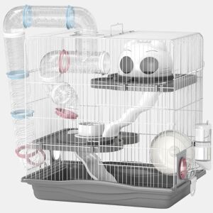 PawHut Gaiola para Hamster 45x30x45 cm Casa para Animais Pequenos com Túnel Plataformas Taça Bebedouro Casinha Rampas e Roda de Exercício para Hamsters Anões Gerbos Cinzento