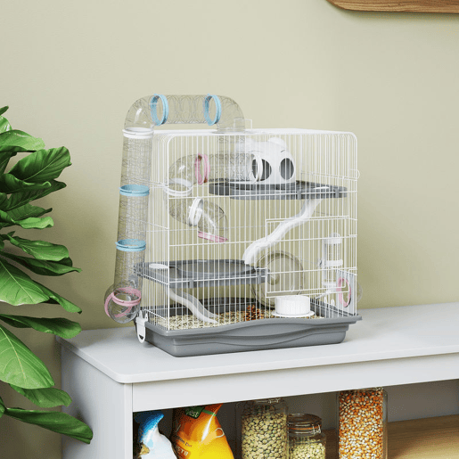 PawHut Gaiola para Hamster 45x30x45 cm Casa para Animais Pequenos com Túnel Plataformas Taça Bebedouro Casinha Rampas e Roda de Exercício para Hamsters Anões Gerbos Cinzento