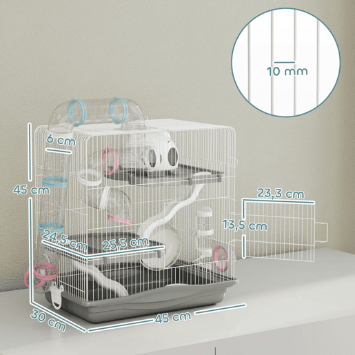 PawHut Gaiola para Hamster 45x30x45 cm Casa para Animais Pequenos com Túnel Plataformas Taça Bebedouro Casinha Rampas e Roda de Exercício para Hamsters Anões Gerbos Cinzento
