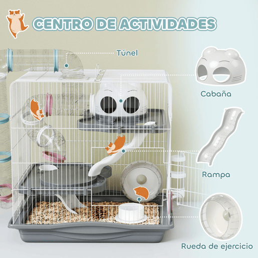 PawHut Gaiola para Hamster 45x30x45 cm Casa para Animais Pequenos com Túnel Plataformas Taça Bebedouro Casinha Rampas e Roda de Exercício para Hamsters Anões Gerbos Cinzento
