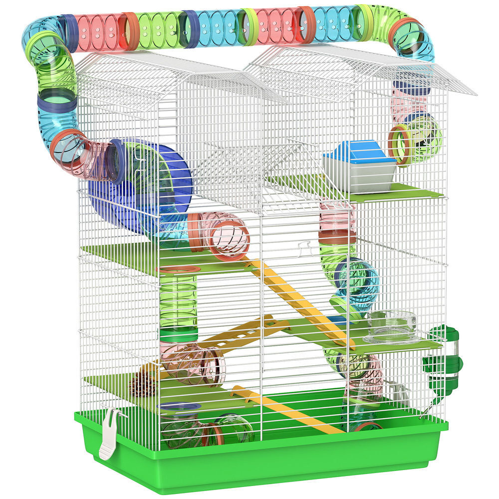 Pawhut jaula para hámster de 5 niveles, 47x30x59 cm, casa para animales pequeños con túnel, comedero, bebedero, casita, rueda de ejercicio, escaleras, para roborowski, jerbos, verde