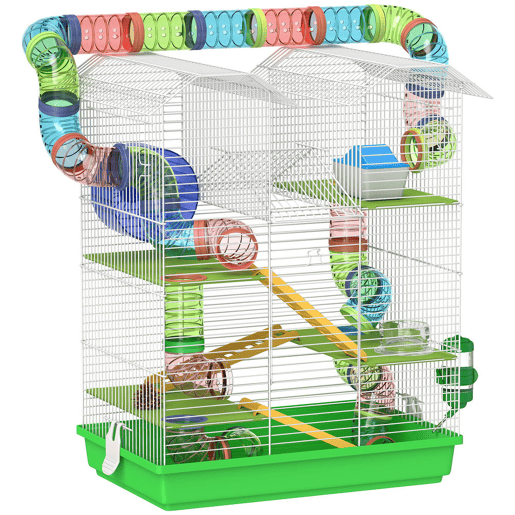 PawHut Gaiola para Hamster de 5 Níveis 47x30x59 cm Casa para Animais Pequenos com Túneis Tigela Bebedouro Casinha Roda de Exercício Rampas para Hamsters e Gerbos Verde