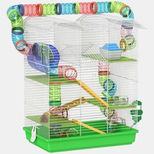 PawHut Gaiola para Hamster de 5 Níveis 47x30x59 cm Casa para Animais Pequenos com Túneis Tigela Bebedouro Casinha Roda de Exercício Rampas para Hamsters e Gerbos Verde