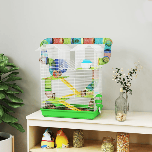 PawHut Gaiola para Hamster de 5 Níveis 47x30x59 cm Casa para Animais Pequenos com Túneis Tigela Bebedouro Casinha Roda de Exercício Rampas para Hamsters e Gerbos Verde