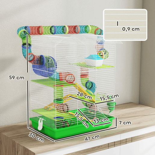 PawHut Gaiola para Hamster de 5 Níveis 47x30x59 cm Casa para Animais Pequenos com Túneis Tigela Bebedouro Casinha Roda de Exercício Rampas para Hamsters e Gerbos Verde