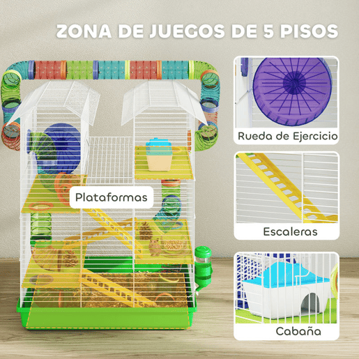 PawHut Gaiola para Hamster de 5 Níveis 47x30x59 cm Casa para Animais Pequenos com Túneis Tigela Bebedouro Casinha Roda de Exercício Rampas para Hamsters e Gerbos Verde